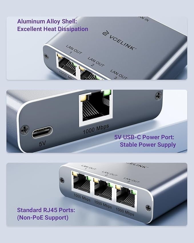 VCELINK Gigabit Ethernet Splitter 1 to 3, 1000Mbps Network Splitter - Image 5