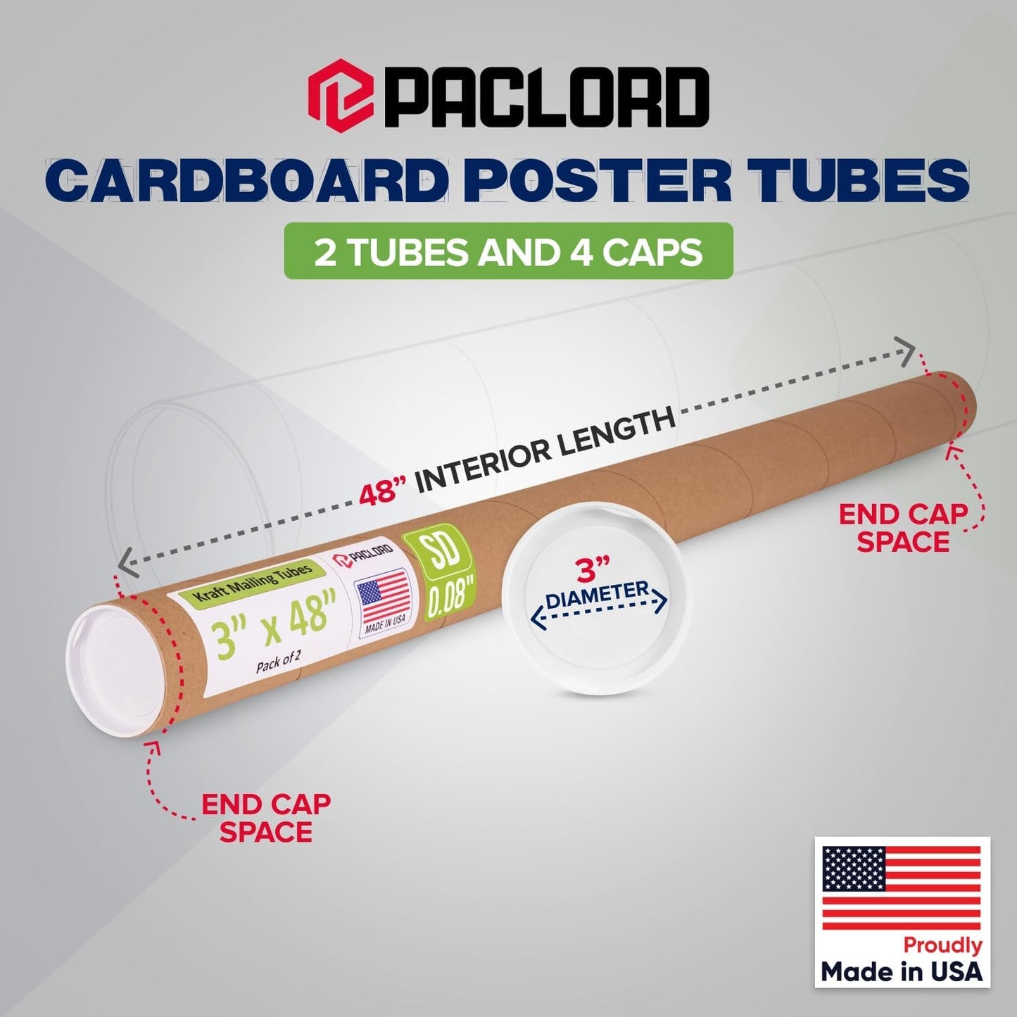 3" x 48" Reinforced Kraft Paper Mailing Tube, Pack of 2 Tubes with 4 Caps – Secure USPS Approved Poster Tube – Cardboard Tube for Shipping and Storing Posters, Prints, Artwork, or Documents