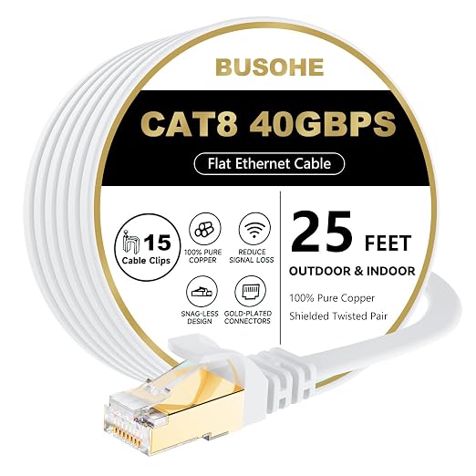 BUSOHE Cat 8 Ethernet Cable 25 FT, 40Gbps 2000Mhz High Speed Flat Cat8 Cable by BUSOHE