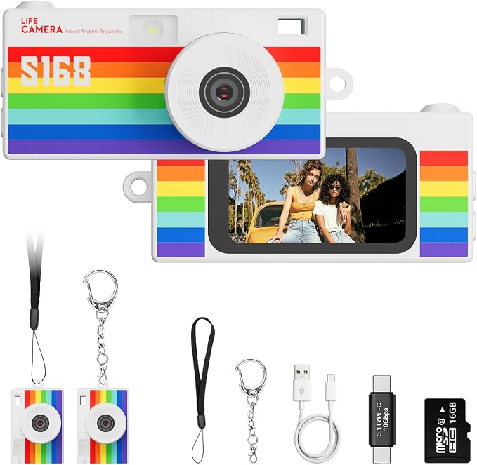 Mini Keychain Digital Camera, Rainbow Y2K Retro Pocket Camera by Dienspeak