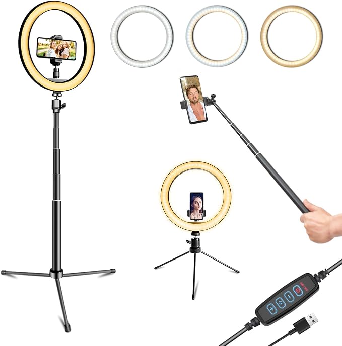 10" Selfie Ring Light with 10" Stand and 60" Selfie Stick, 3 Color Light by SHSYLVSEZM