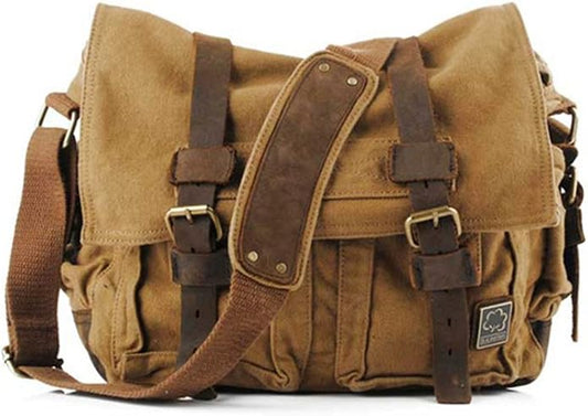Sechunk Vintage Military Leather Canvas Laptop Bag Messenger Bags Medium by Sechunk