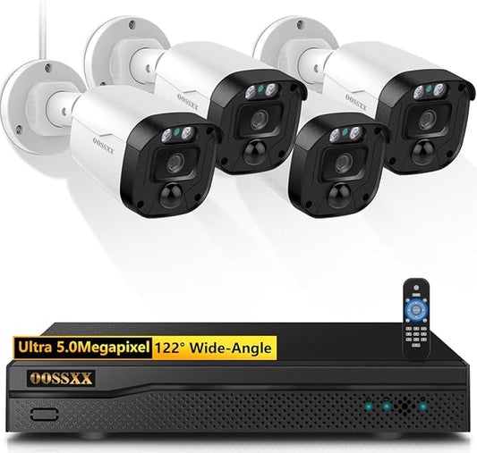 OOSSXX 5MP Wired Security Camera System Outdoor, 8CH DVR, 4 x 122° Wide Angle by OOSSXX