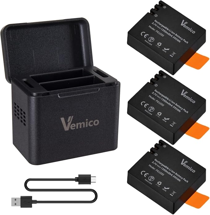 Vemico Action Camera Battery Charger 3-Pack 1350mAh PG1050 Battery LED by Home