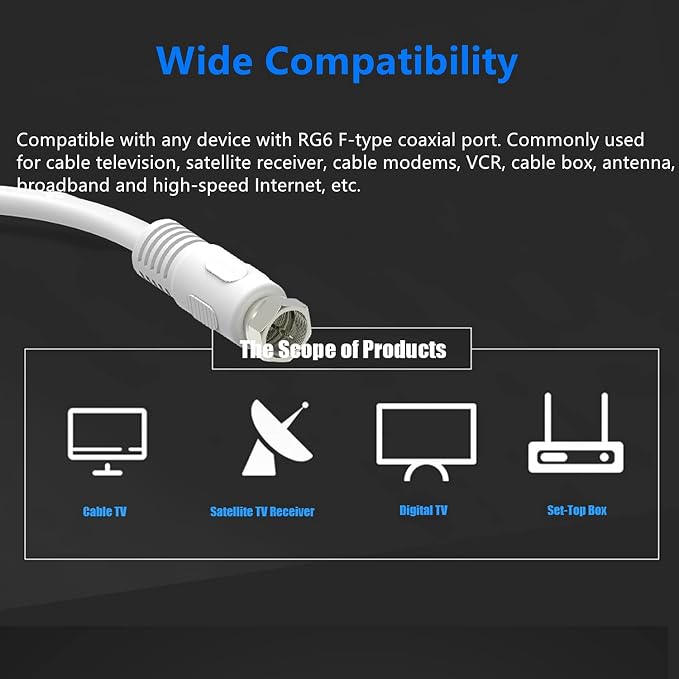 Short Coaxial Cable, 1ft White Coax Cable 0.3m RG6 F Male to Male Connector - Image 5