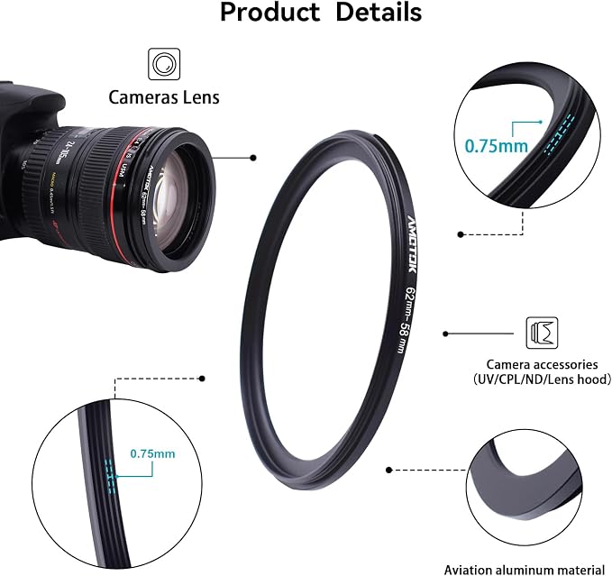 62mm Lens to 58mm Camera Lens Adapter, 62mm to 58mm Filter Step up Ring Adapter - Image 3