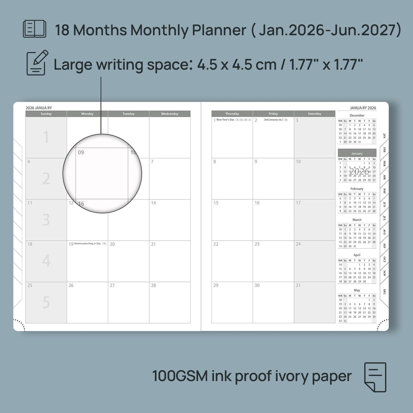 POPRUN Monthly Planner 2026-2027 (Large- 8.5" x 10.5" Soft Cover), 18-Month Calendar Book (Jan.2026 - Jun. 2027), Calendar Planner with Monthly Tabs & Pocket, 100 GSM Paper - Night Sky Blue