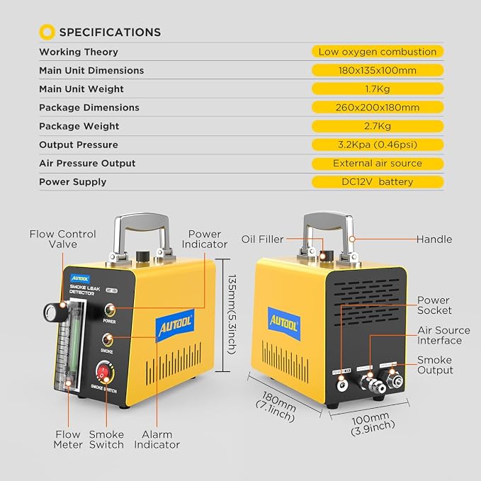 AUTOOL Smoke Machine Automotive Leak Detector, 0-0.46PSI Evap Vacuum Smoke - Image 8