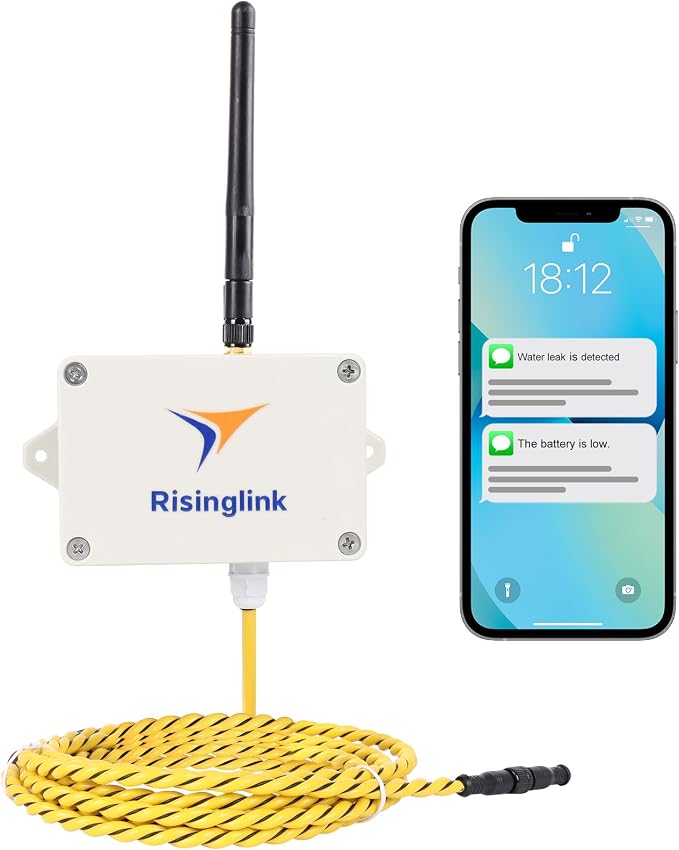 WiFi Water Leak Detector with 6.5 ft Sensing Cable, Whole-Area Leak Detection by Risinglink
