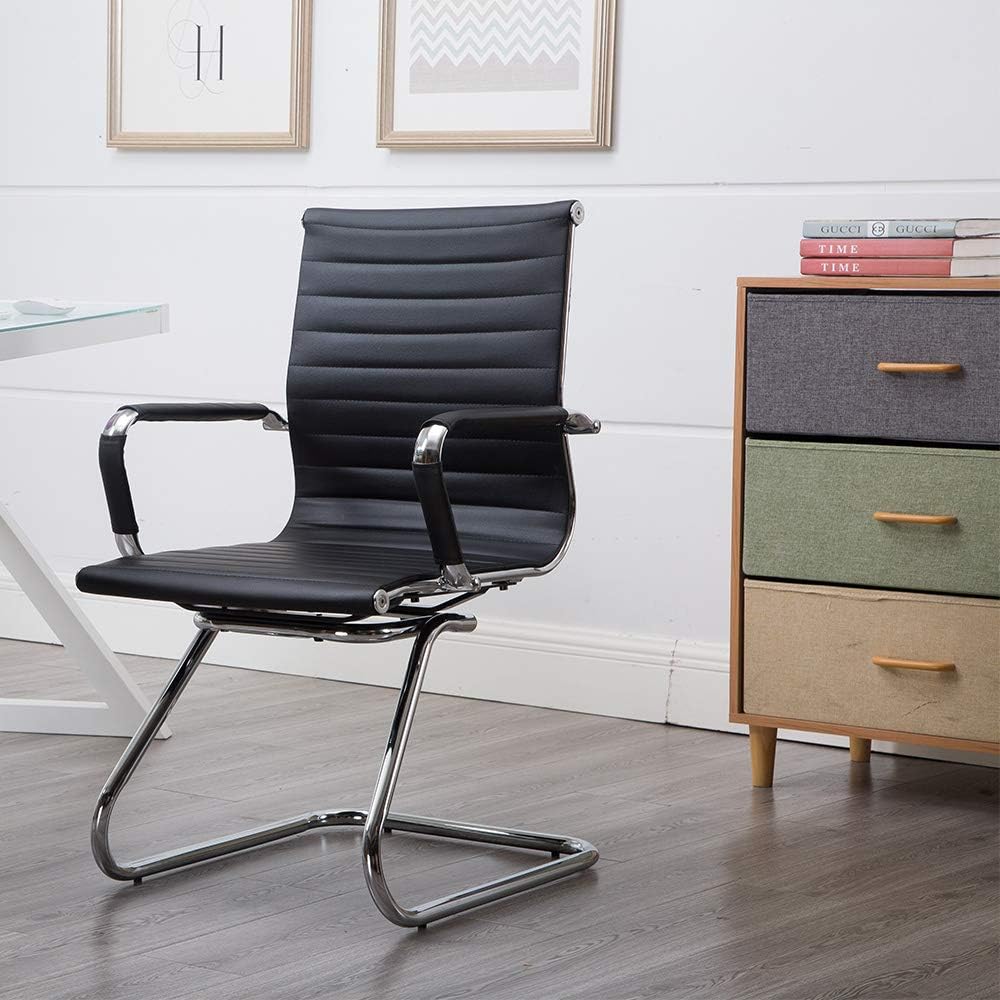Reception Chairs No Wheels Leather Conference Chair Heavy Duty Back Support Office Guest Chair, Set of 2 (Black)