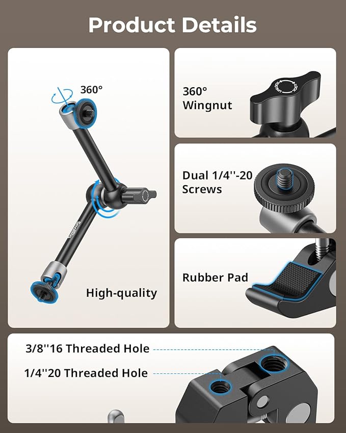 SMALLRIG Clamp w/ 1/4" and 3/8" Thread and 9.8 Inches Adjustable Friction Power - Image 2