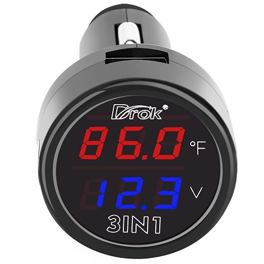 DROK Digital Voltage Temperature Monitor, Car Charger USB Charge by DROK