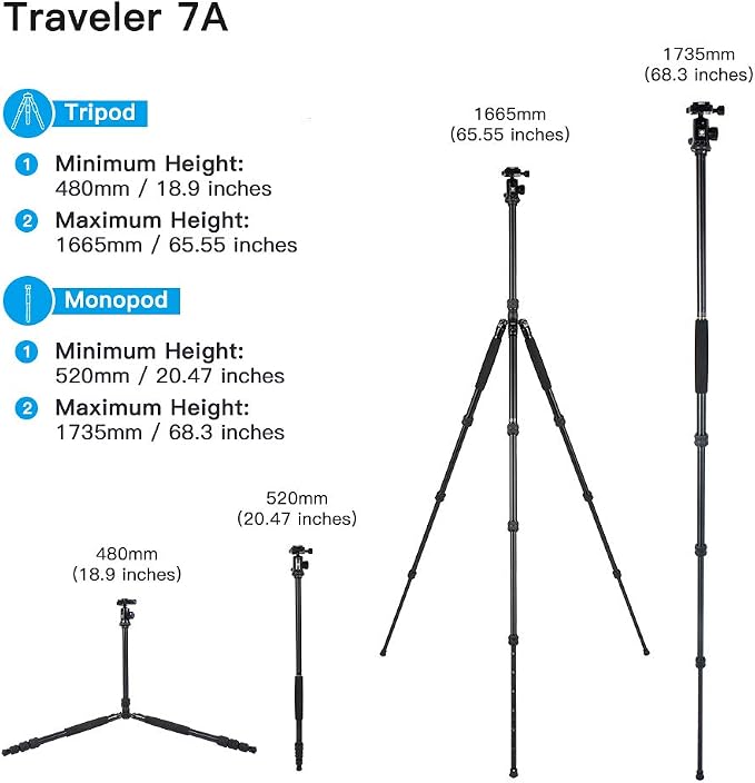 SIRUI Traveler 7A 65.55'' Aluminum Camera Tripod, E-10 Panorama Ball Head and - Image 5