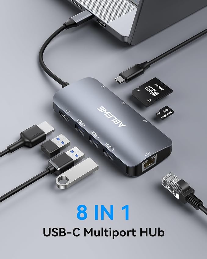 ABLEWE USB C Hub Ethernet, 8 in 1 4K@60Hz USBC Adapter, 100W PD, 3 USB 3.0 Ports - Image 8