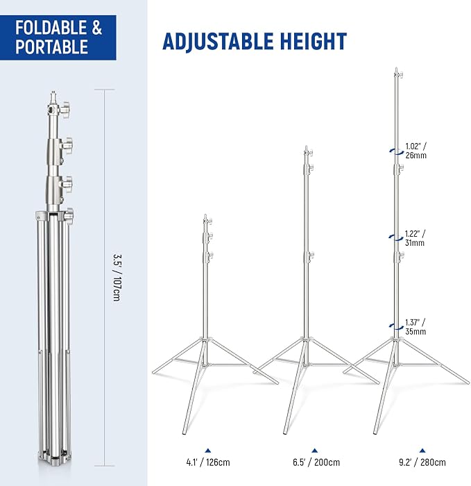 NEEWER 9.2ft/2.8m Stainless Steel Light Stand, Spring Cushioned Heavy Duty - Image 2