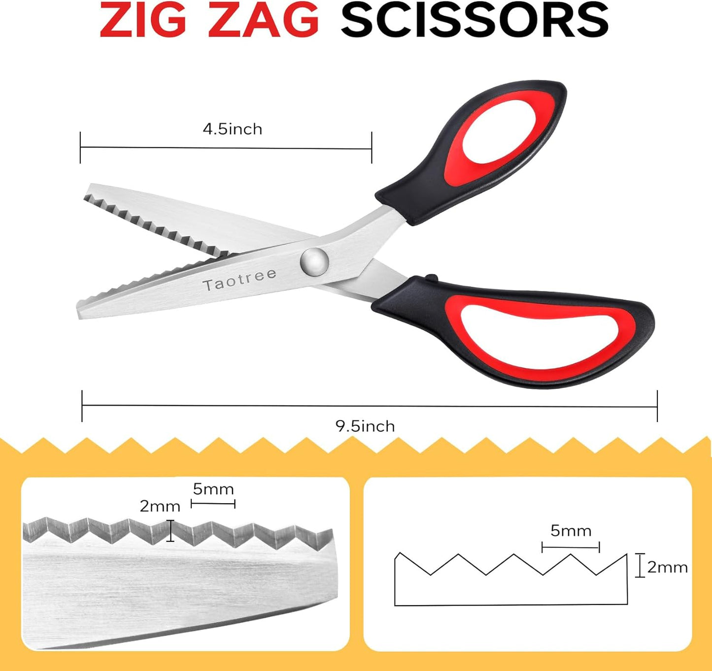 Sewing Scissors for Fabric Cutting, Taotree 9.5" Fabric Scissors Pinking Shears, Zig Zag Craft Decorative Edge, Sewing Supplies Notions Accessories for Craft Scrapbooking Supplies, Red Black 2 Pack