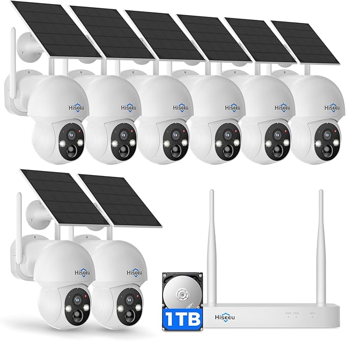 Hiseeu Solar Camera Wireless Outdoor, 4MP 8-Cam Kit, Pan-Tilt 360° View by Hiseeu