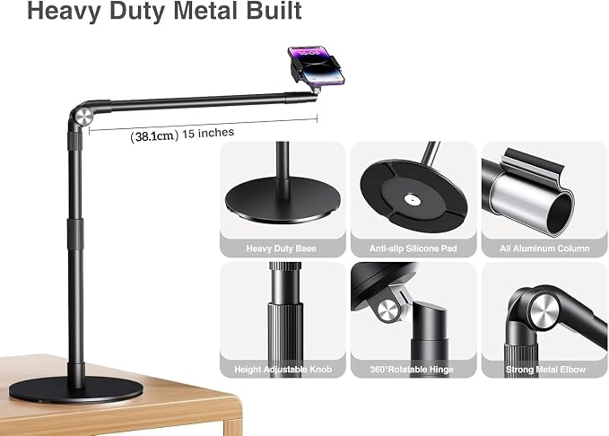 elitehood Heavy Duty Aluminum Overhead Phone Stand, 15 in Long Arm iPhone Holder - Image 8