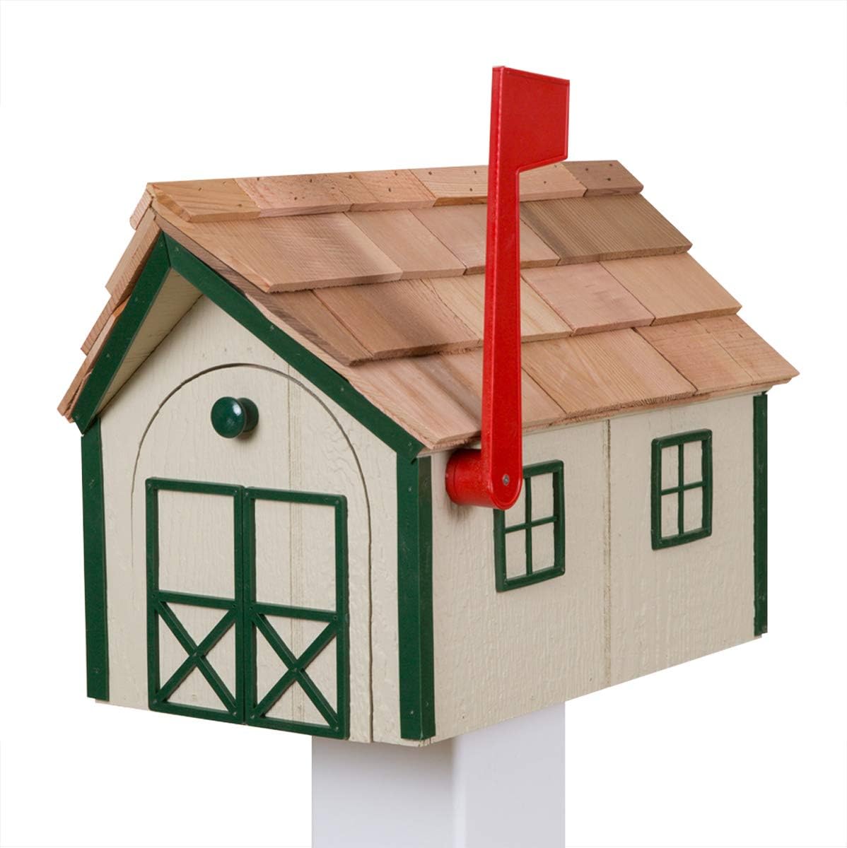 Peaceful Classics Amish Cedar Roof Wooden Mailbox with Window & Door Trim, Handcrafted Mailboxes for Outside, Post Mount Residential Mailboxes - (Beige with Forest Green Trim)