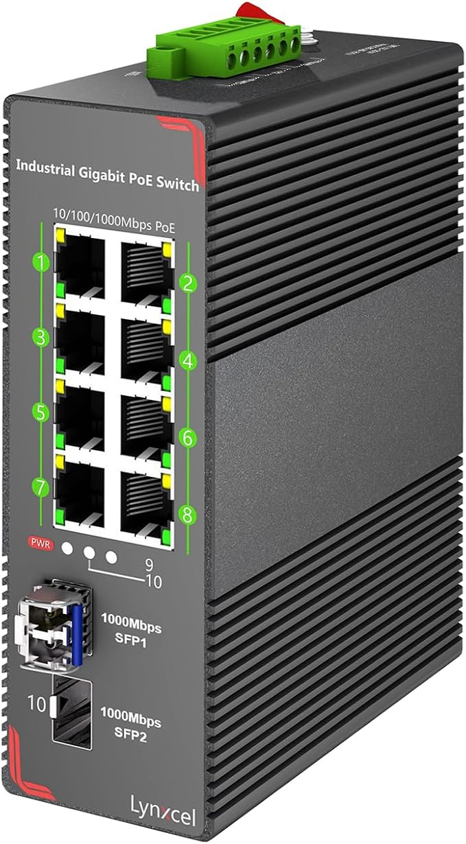 8-Port Industrial Gigabit PoE Switch, 96W PoE Budget 48-57V Output, 2 x SFP by lynxcel