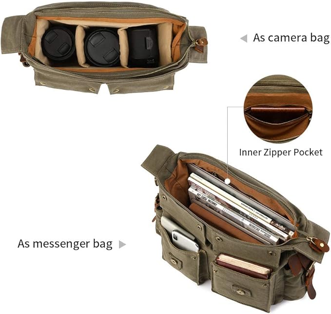 Kattee Leather Canvas Camera Bag Vintage DSLR SLR Messenger Shoulder Bag - Image 4