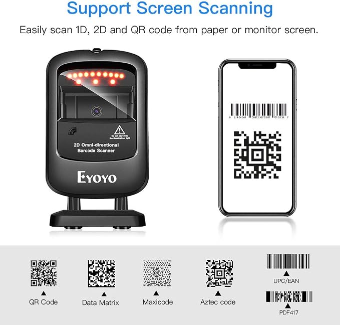 Eyoyo 1D 2D Desktop Barcode Scanner, Omnidirectional Hands-Free USB Wired - Image 7