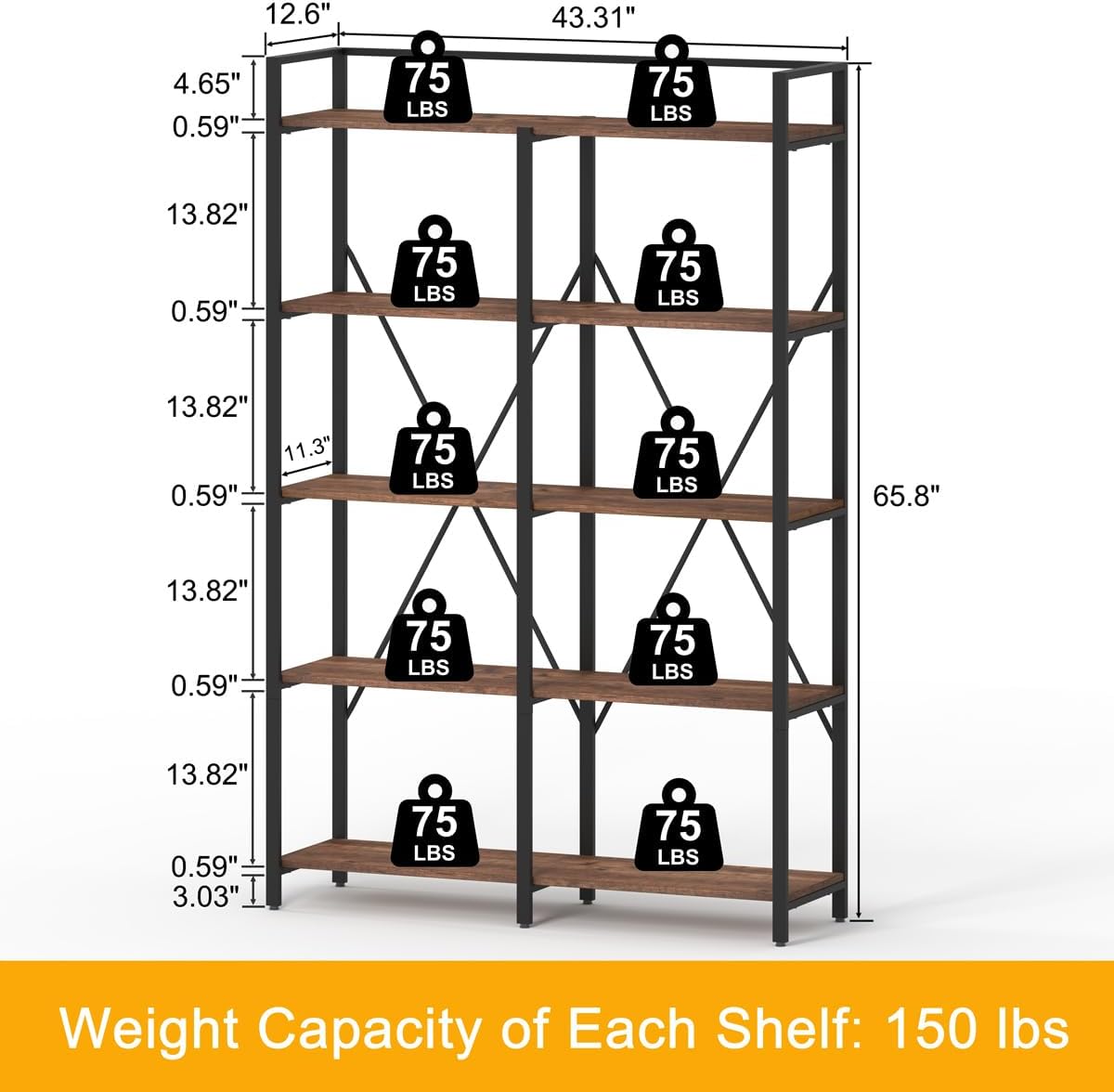 BON AUGURE Industrial Bookshelf, Bookcases and Bookshelves Etagere, Tall Large Farmhouse Book Shelves, 5 Tier Open Bookcase, Wood Metal Shelving Unit for Bedroom, Office (Rustic Oak)