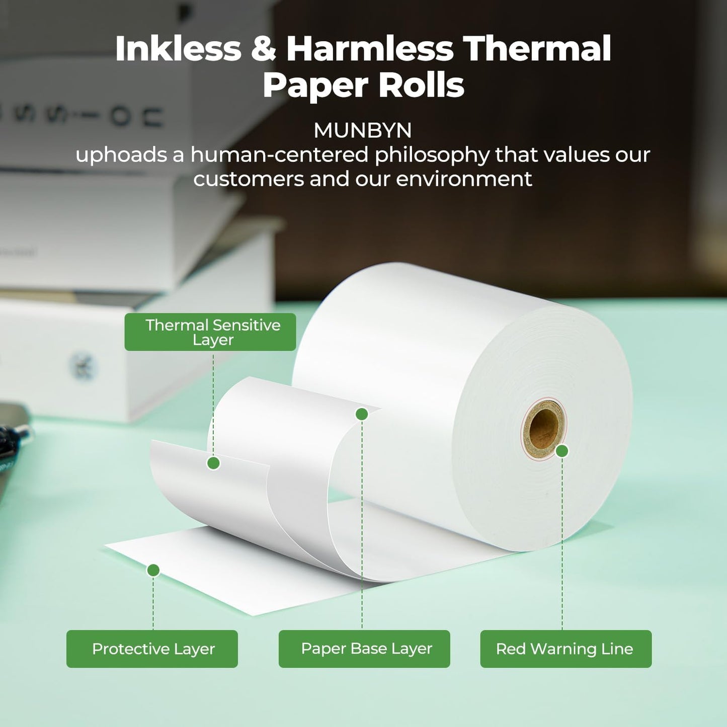 MUNBYN Thermal Paper 3 1/8 x 230ft, 50 Rolls Receipt Paper Work for Star Micronics TSP100 TSP143 Epson 80mm Receipt Printer Square POS Register, 80mm Thermal Receipt Papers, BPA Free, Plus Version