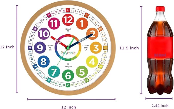 Roymnie12 Inch Wall Clock for Kids Learning to Tell Time Easily Analog Non - Image 2