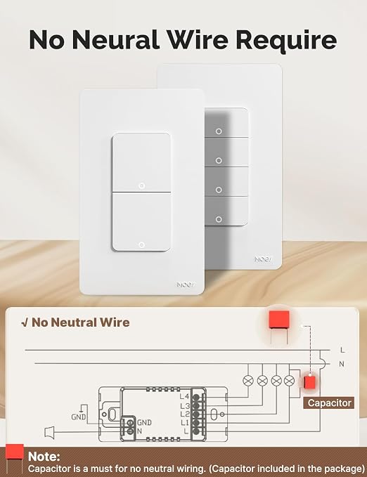 MOES Smart 4 Gang Light Switches, 2.4GHz WiFi Single Pole Switch, No Neutral - Image 2