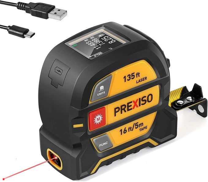 PREXISO 2-in-1 Laser Tape Measure, 135Ft Rechargeable Measurement Tool & 16Ft by PREXISO