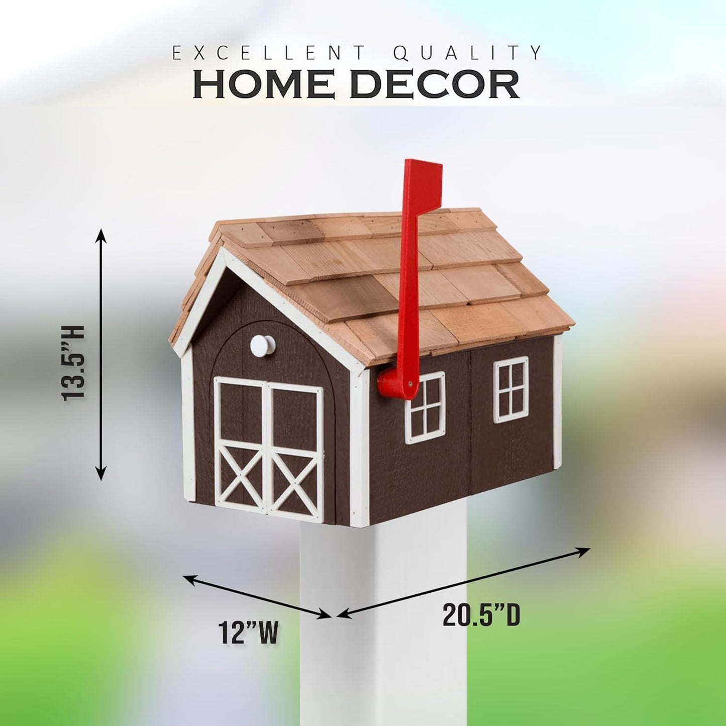 Peaceful Classics Amish Cedar Roof Wooden Mailbox with Window & Door Trim, Handcrafted Mailboxes for Outside, Post Mount Residential Mailboxes - (Brown & White, Wood)