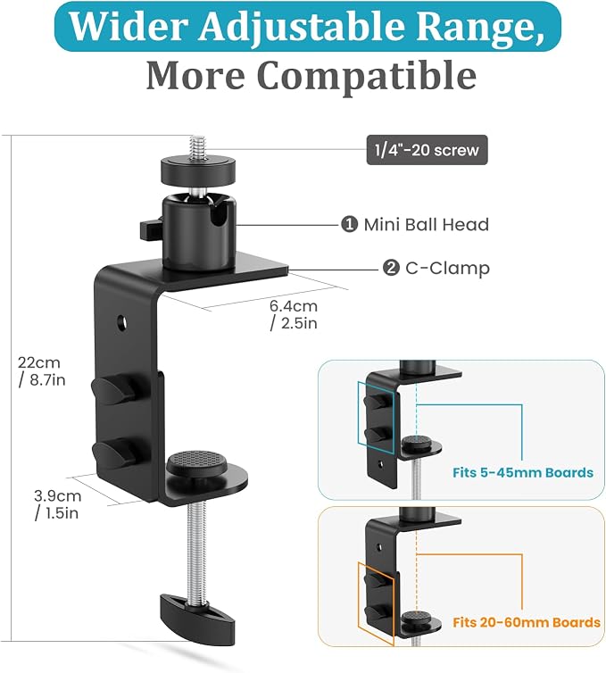 C-Clamp Mount with Mini Ball Head Mount, 1/4 Screw Mount Adapter Camera Clamp - Image 3