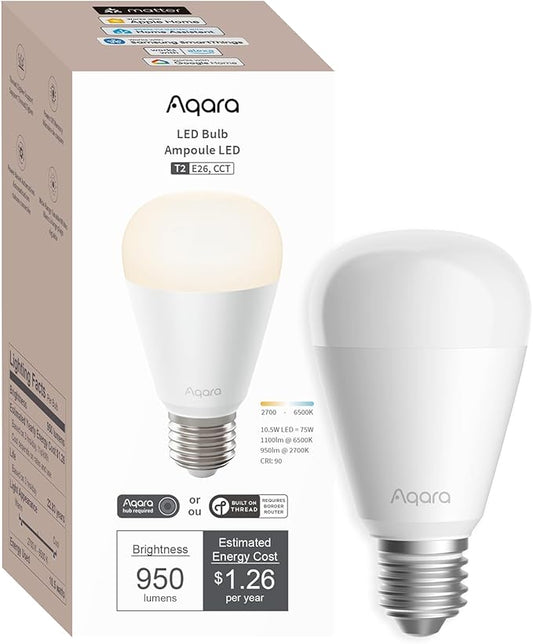 Aqara Thread/Zigbee Smart LED Light Bulb T2 E26, Tunable White, 75W Equivalent by Aqara