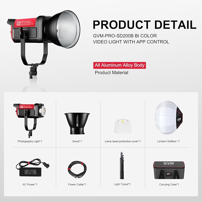 GVM 200W LED Video Light with Lantern Softbox, SD200B Continuous Lighting Kit - Image 9