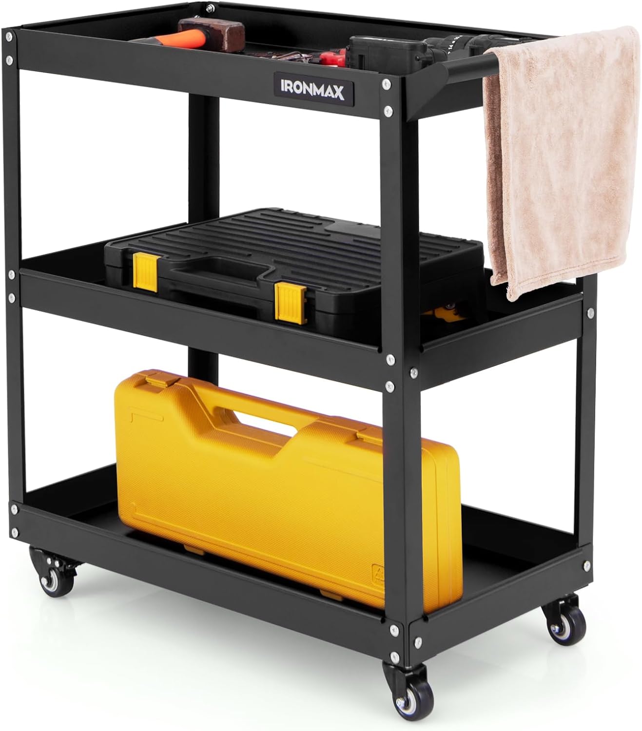 Goplus 3-Tier Utility Cart, Heavy Duty Commercial Service Tool Cart w/3 Spacious Shelves, 4 Universal Wheels with 2 Brakes, Rolling Mechanic Tool Cart Storage Organizer for Warehouse Garage