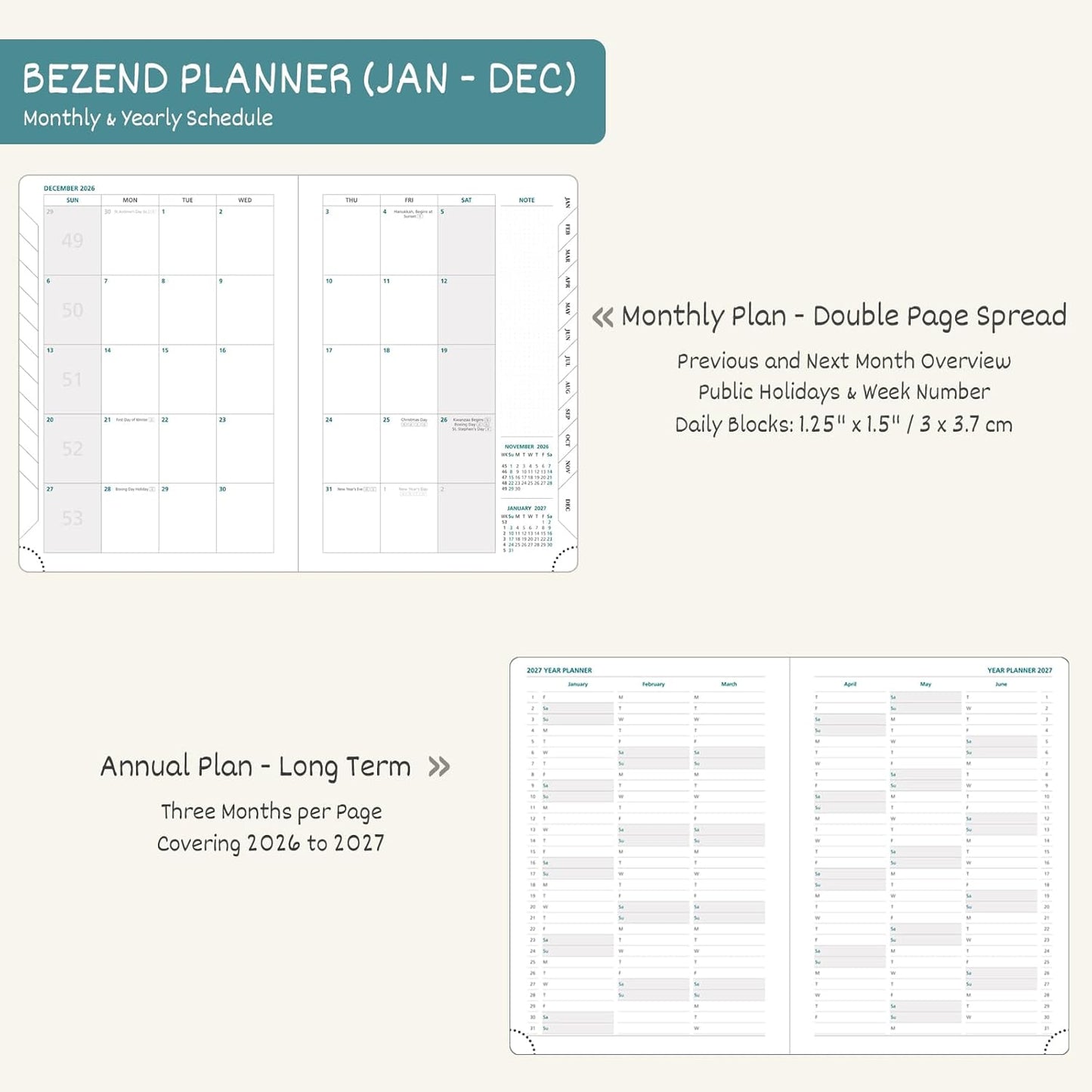 BEZEND 2026 Planner Weekly and Monthly (6" x 8.5") Daily Calendar with Half-Hourly Timeslots & Tabs (Jan-Dec) Note & Expenses, Pen Holder, Inner Pocket, Vegan Leather Hardcover - Kiwi