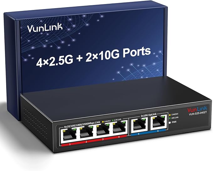10Gb Ethernet Switch with 4 x 2.5GbE + 2 x 10GbE RJ45 Ports, VunLink 6 Port by VunLink