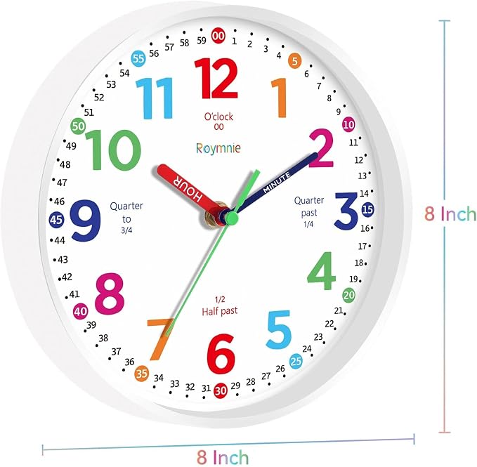 Roymnie Wall Clock for Kids Learning to Tell Time Non Ticking Battery Operated - Image 9
