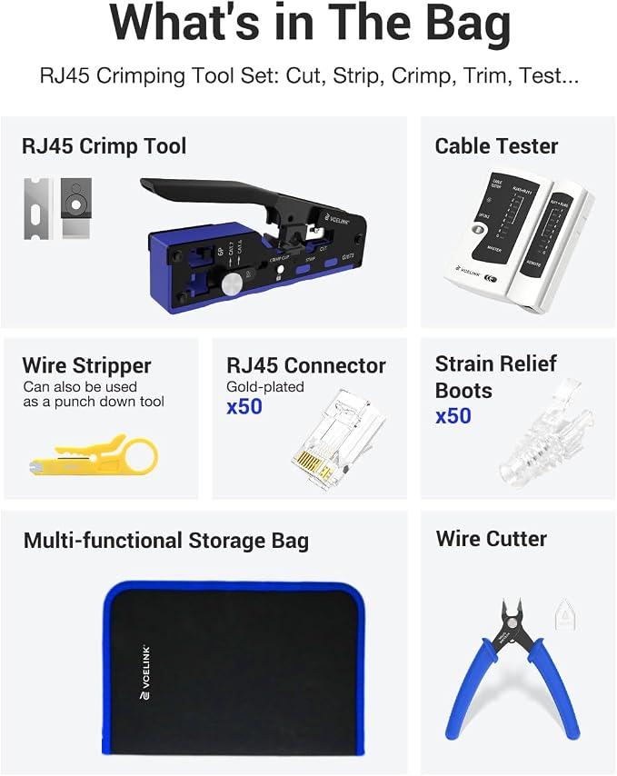 VCELINK RJ45 Crimp Tool Kit for CAT7/6A/6/5E/5, Upgraded Network Tool Set - Image 2