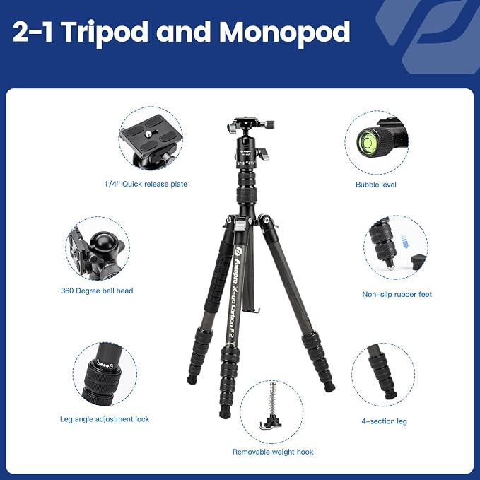 Fotopro 60inch Carbon Fiber Tripod Compact Camera Tripod - Image 6