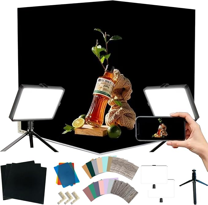 Photo Backdrop Board with 2 LED Lighting Shooting Kit, Anti-Glare Black Flocked - Image 7