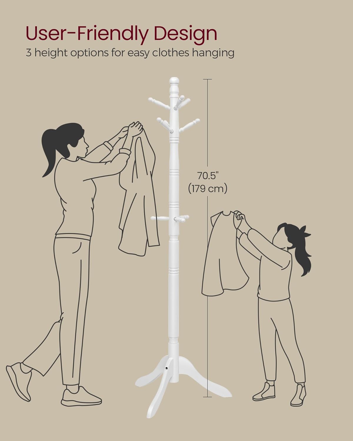 VASAGLE Solid Wood Coat Rack and Stand, Free Standing Hall Coat Tree with 10 Hooks for Hats, Bags, Purses, for Entryway, Hallway, Rubberwood, Cloud White URCR03WT