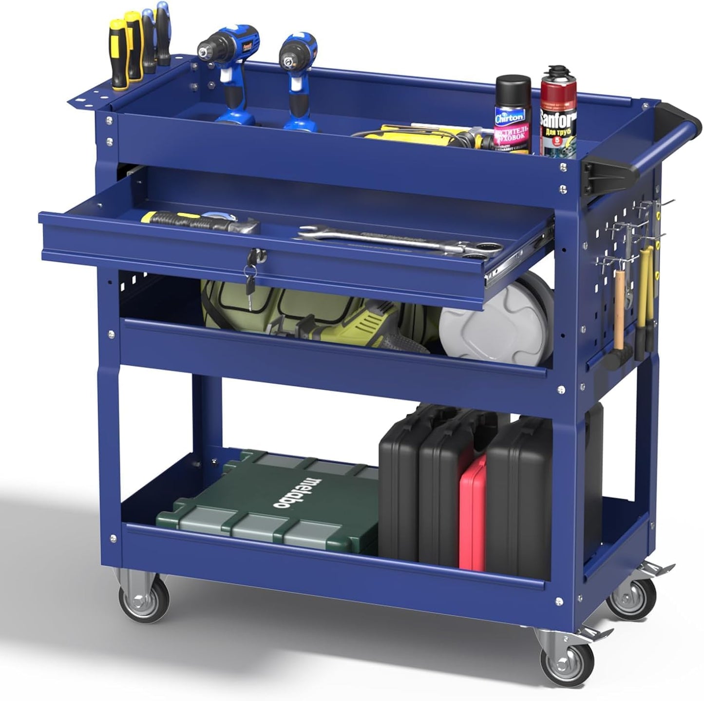3 Tray Rolling Tool Cart, 400 LBS Capacity Mechanic Tool Carts on Wheels, Heavy Duty Utility Cart with Drawers, Metal Work Cart for Garage, Warehouse and Repair Shop, Blue