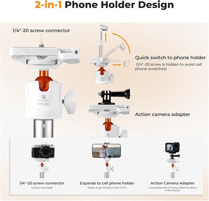 K&F CONCEPT MS08 62'' Selfie Stick Tripod, 2-in-1 Extendable White Phone Tripod - Image 3
