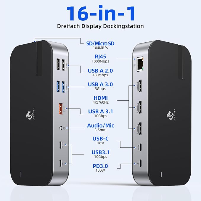 Laptop Docking Station, 16 in 1 USB C Docking Triple Monitor, USB C Dock Station - Image 2