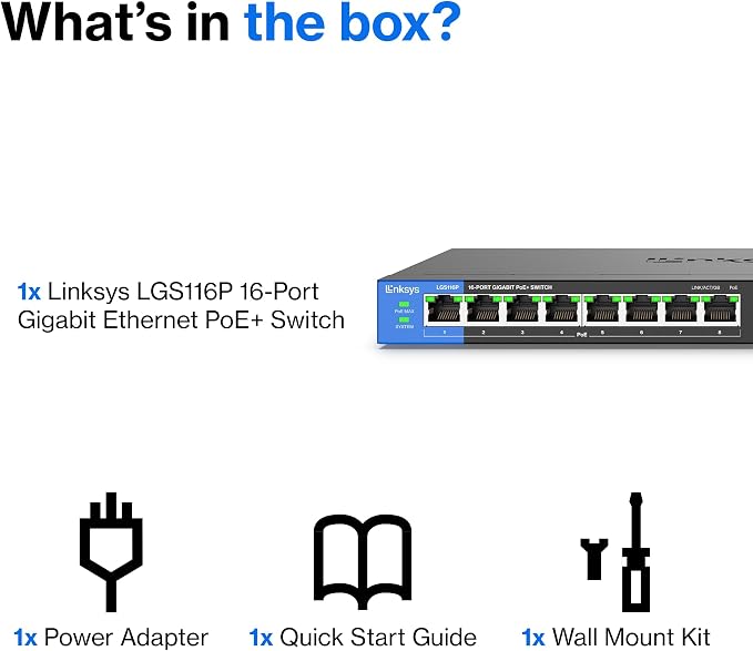 Linksys LGS116P 16 Port Gigabit Unmanaged Network PoE Switch - Image 8