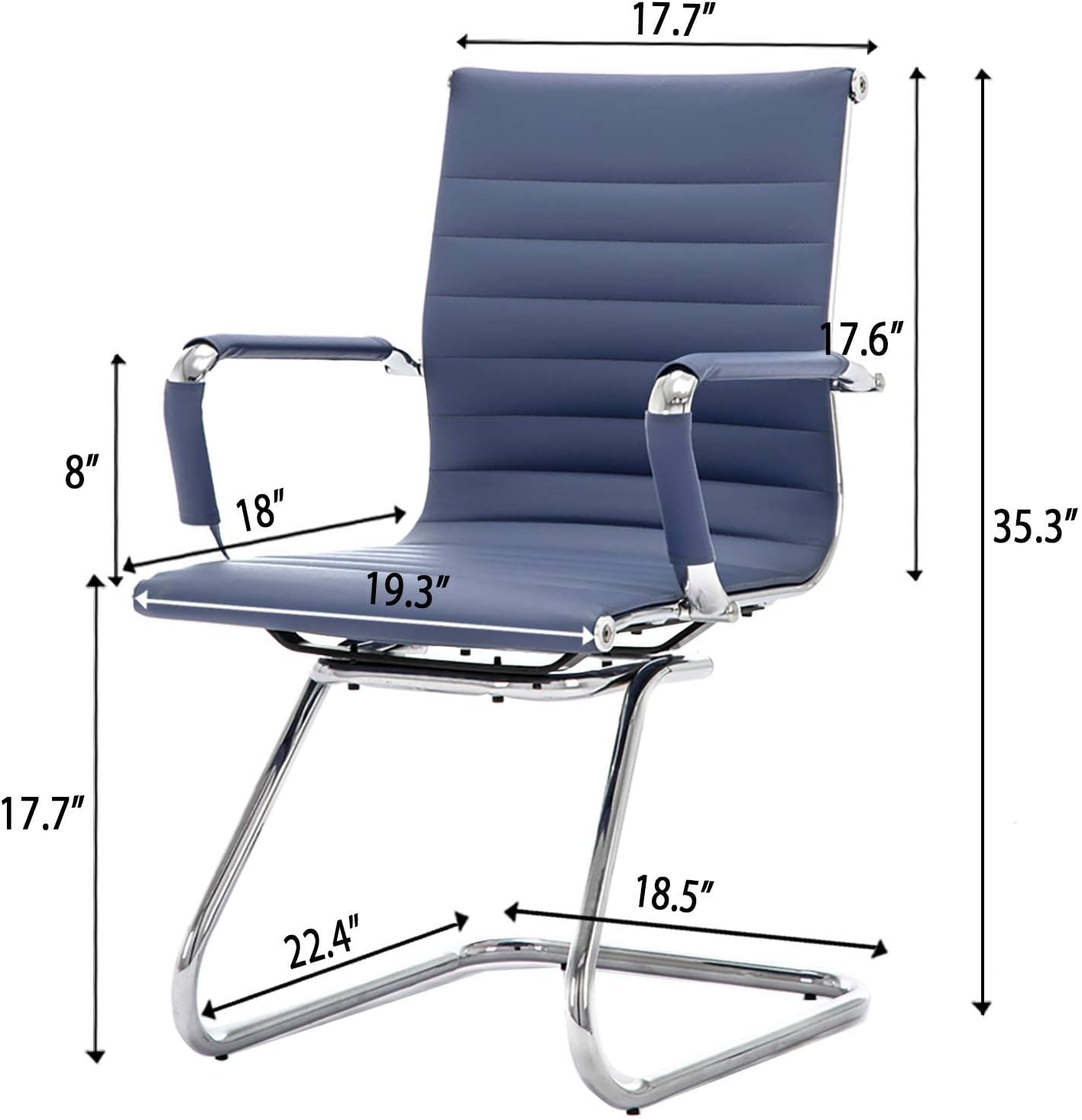 Office Desk Chair No Wheels Set of 4 PU Leather Computer Chairs Mid Back Guest Chairs for School Reception Conference Waiting Room, Navy Blue