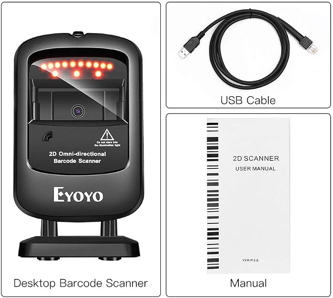 Eyoyo 1D 2D Desktop Barcode Scanner, Omnidirectional Hands-Free USB Wired - Image 3