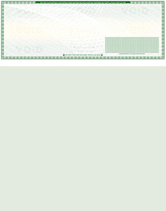 250 Blank Check Stock - Check on Top Art Deco- Paper Weight # 70"High Security" Check Paper Green Art Deco